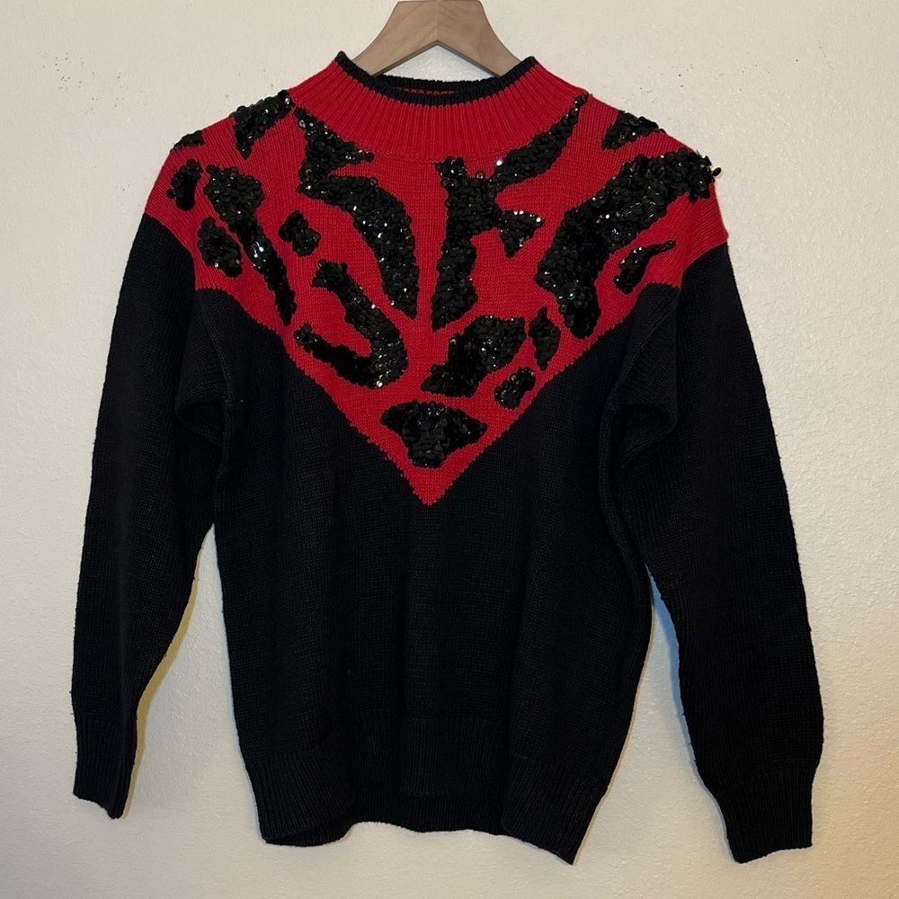 Vintage Sequin Leopard Colorblock Sweater Black Red 80s Glam Statement Knit Top - Picture 2 of 9